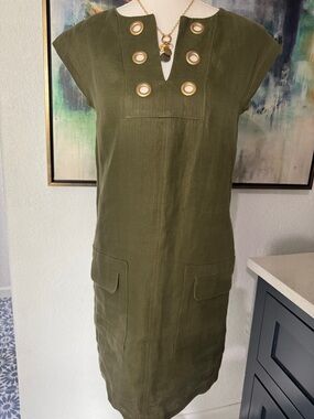 Olive Green Eyelet Shift Dress - 100% Linen